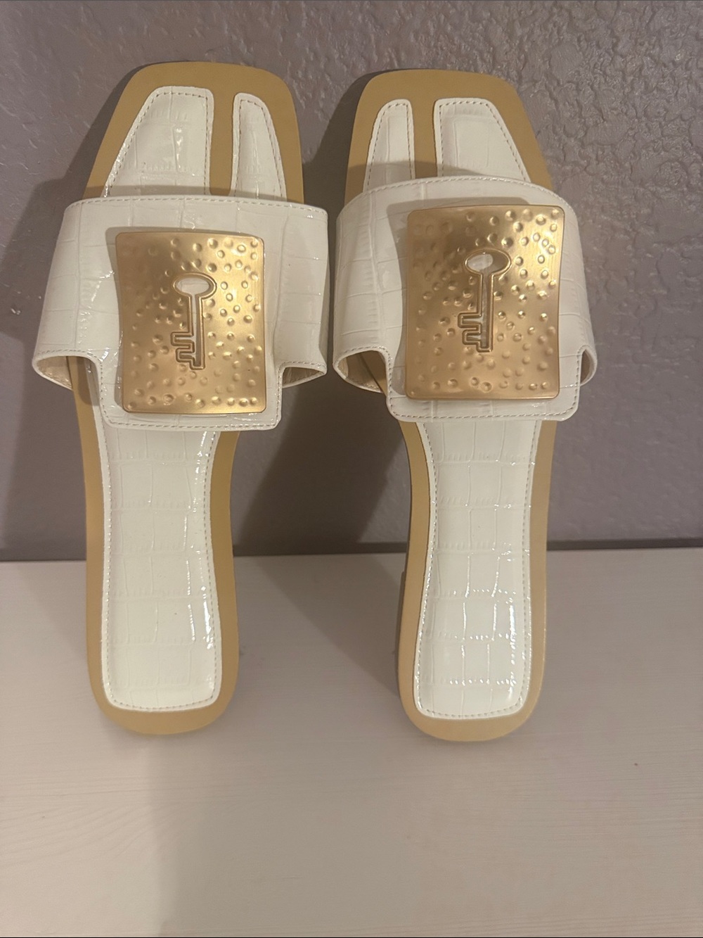White Croc-Effect Slide Sandals with Gold Accent